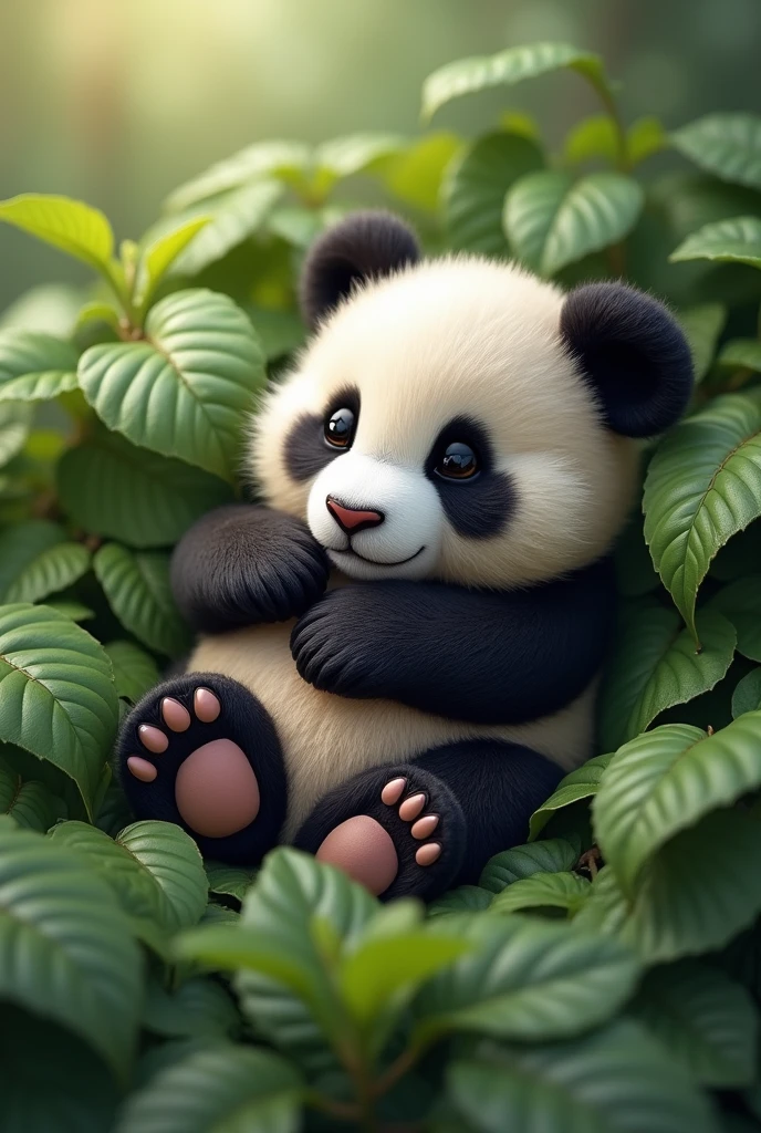 Cute panda cub lying on leaves