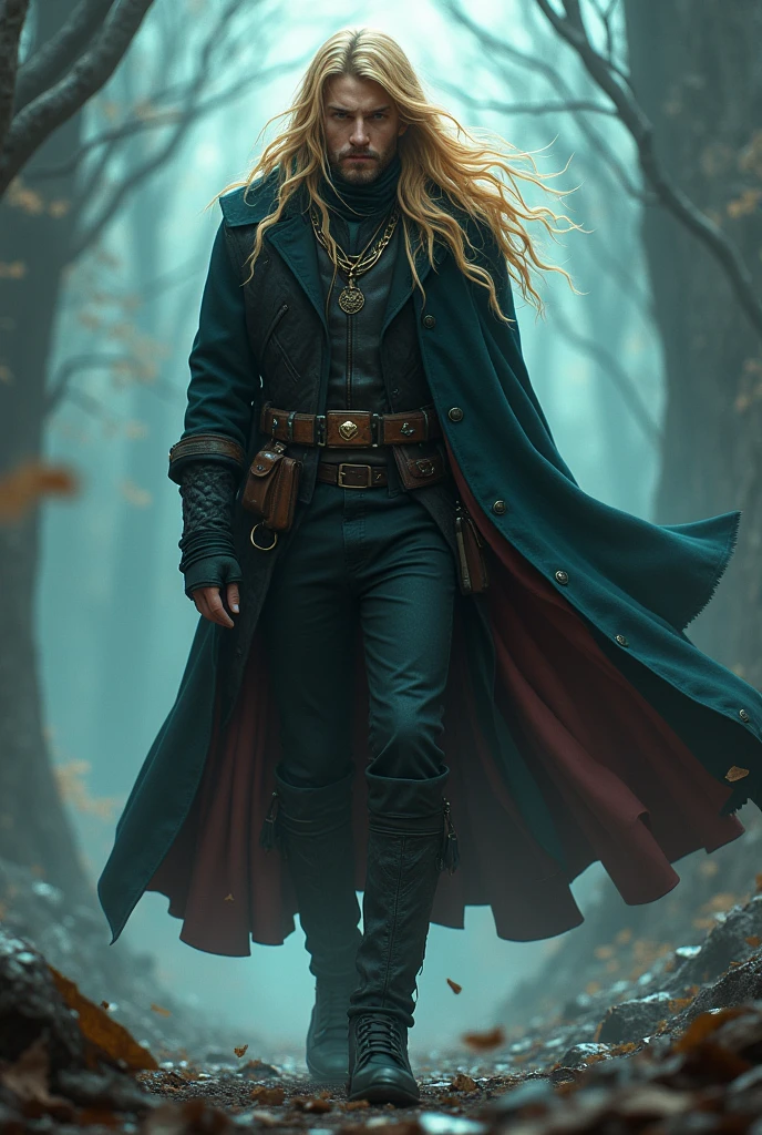 Zaggarth é um homem alto, with deep eyes and light blond hair like ripe wheat. His appearance is marked by a mysterious aura, and he carries with him the energy of the crystals that permeates his hometown, Kryzar. Their posture is firm, and he moves with the grace of one who is in tune with the secrets of the world. His clothes are cyberpunk style and he has no beard.