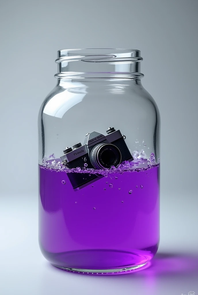 Opened jar filled with purple liquid and floting camera inside, not 3D!