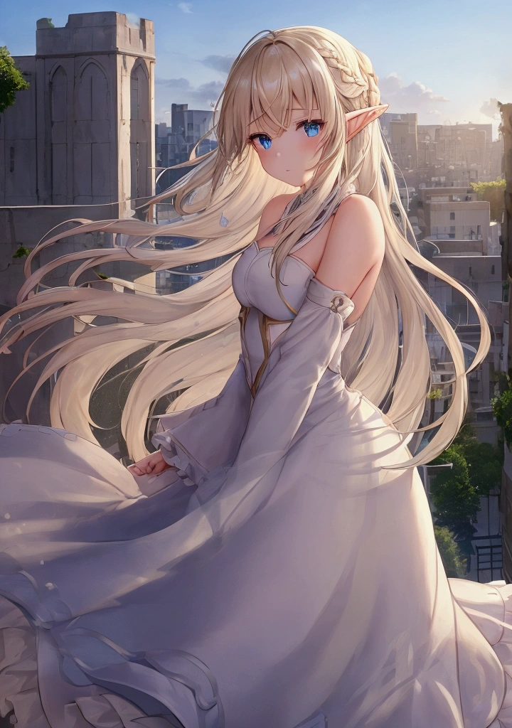 1girl,blonde hair,solo,blue eyes,ahoge,braid,pointy ears,hair between eyes,elf,very long hair,top floor of a building,Ruins,Nature,Wind,Looking at sky,shed tears,Tear floating,hair floats in air,Flowers float in air,White Full length skirt,off sholder,Touched expression,Long Shot,Facing the wind,Side view,White hair ornament,low iron fence,Hands on the iron fence,Pure white high slit skirt,Out door,Golden head accessories,Blue sky 4:3