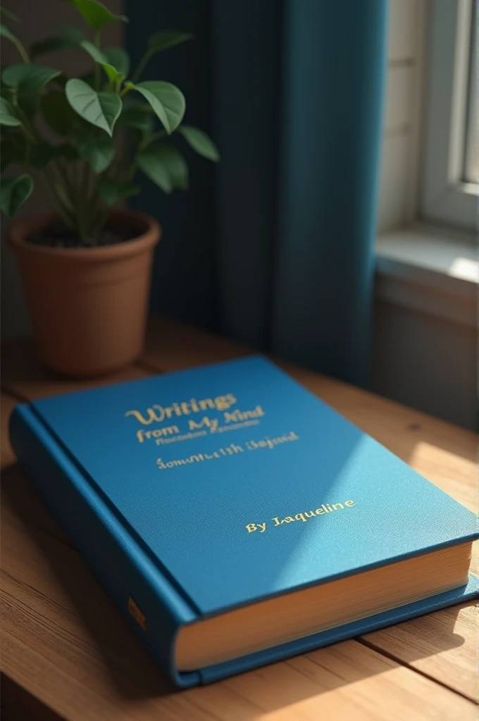 A blue book on a desk with the title "Writings From My Mind, by Jaqueline"