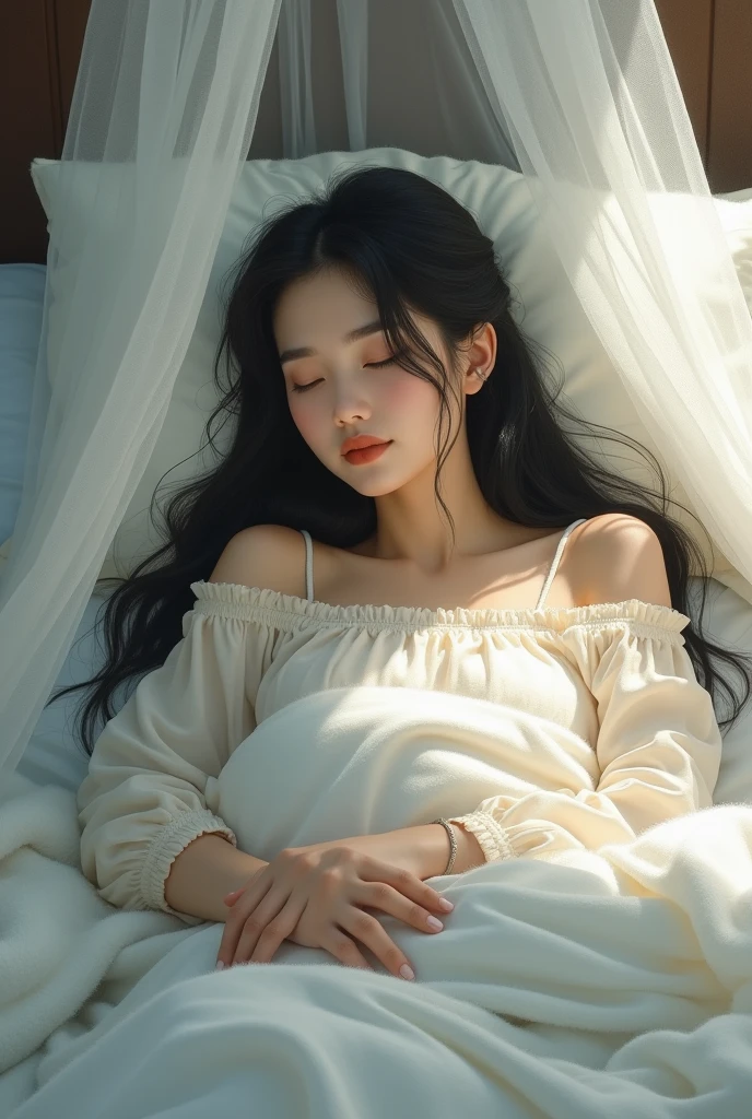 On the bed, there is a mosquito net around the sides. A beautiful, gentle young woman is wearing a long-sleeved, light-colored nightgown. Her long, black hair is sleeping soundly under a fluffy white blanket. Oil painting, three-dimensional art, by Professor Chalermchai.