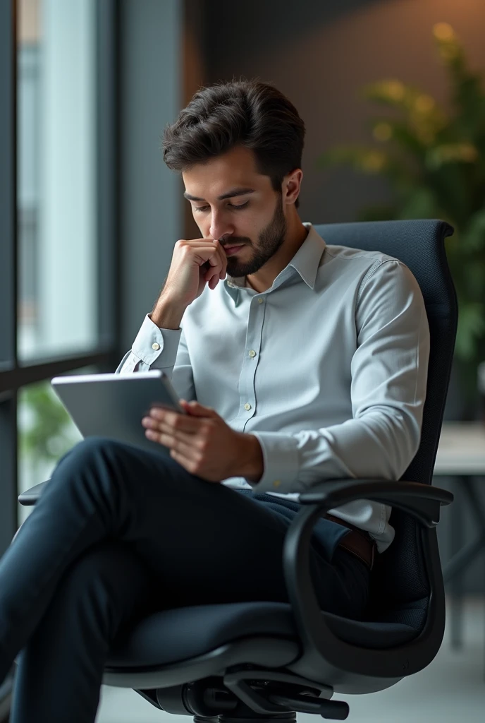 A young man thinking sitting office chair with a tablet on his hand