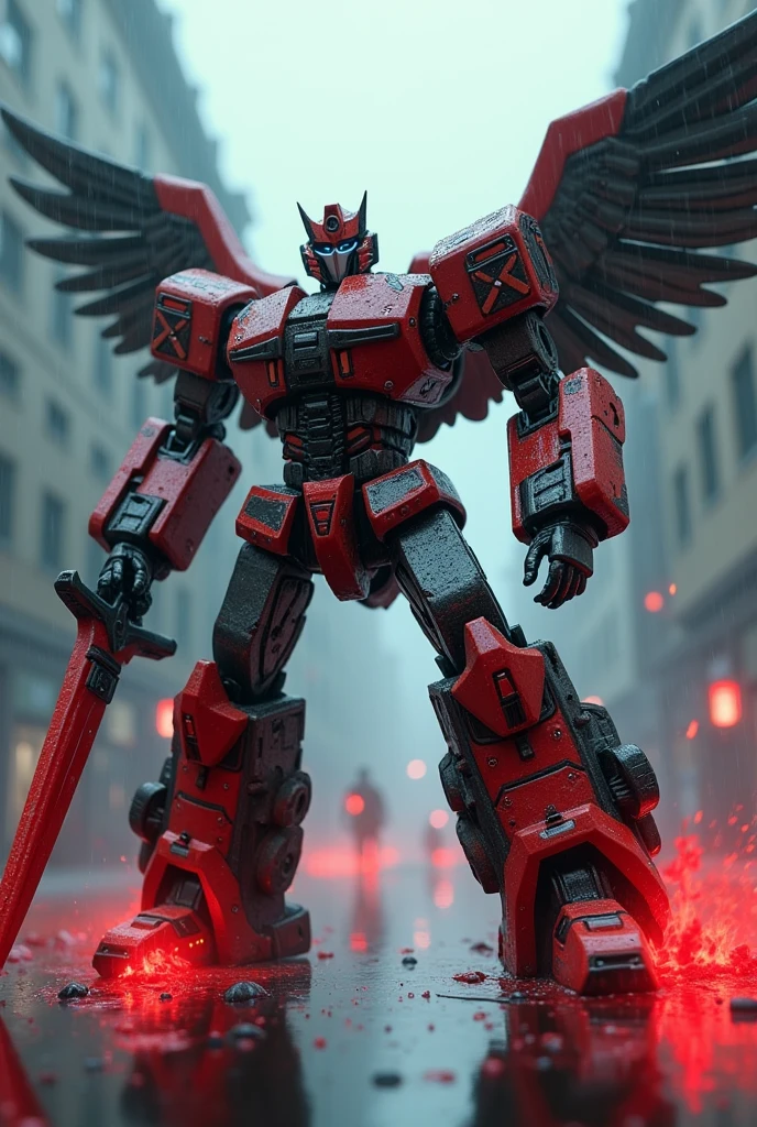 Create a 3D animated robot transformers with Nazi symbology, Neo-Nazis and Nazism with epic fighting poses and add to the scene poses of artistic sculptures stepping on their enemies soaked in red fluid, the atmosphere is cold, It's raining and it's dark, There are background gunshots and robots fighting, the protagonist has wings, a big sword and a big futuristic gun. Adolf Hitler in front pointing with euphoria