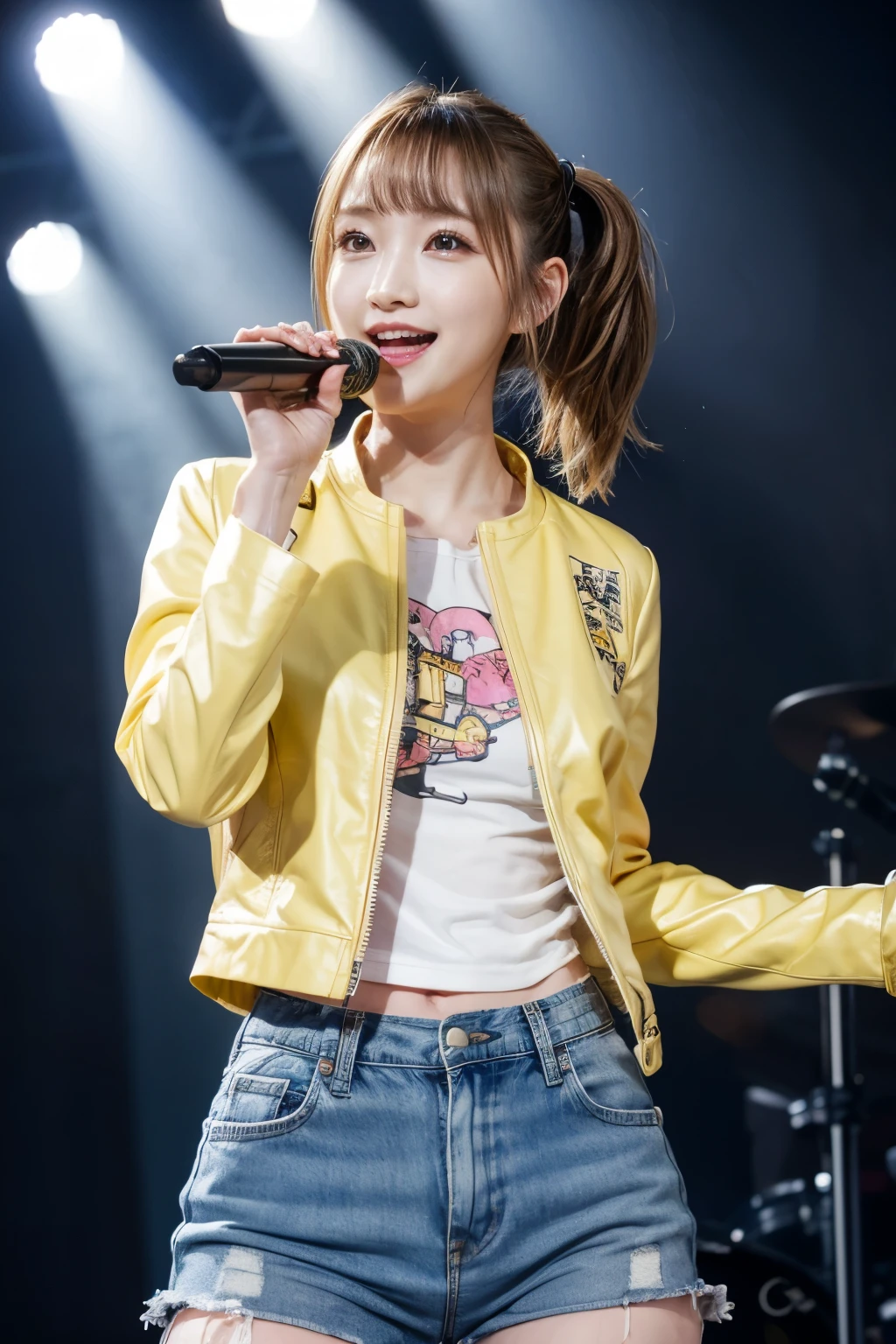 realistic, on the stage of the concert, brightly lit by spotlights on the stage, extremely bright lighting, singing, waving a hand against the audience, wearing deep pink leather jacket and leather short pants, open widely chest, toned abs, ash-yellow pigtails hairstyle, hair is blowing in the wind, hair is shaggy and dishevelled, beautiful white-colored translucent skin, sweat splashes, slendar figure, short satue, heavy and vivid makeup, kawaii makeup, shaped nose, smooth shaped jawline, glossy face, heavy flushed cheeks, big smile, a little adult-like charm, close up shot