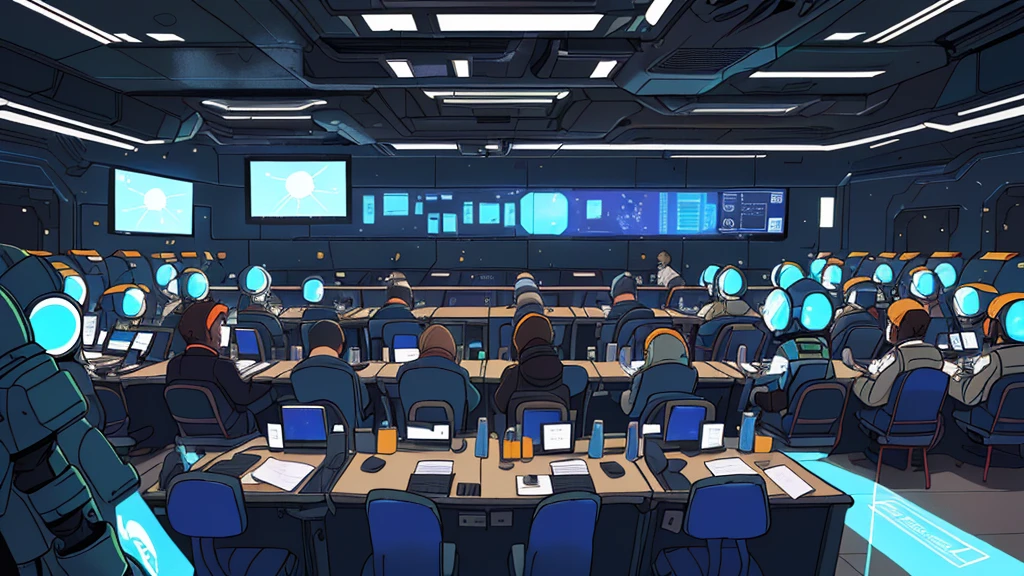 Cartoon Style，A crowded room，There are many people sitting at the table inside，There is also a big screen, Inside the future military base,Future Lab, Futuristic production facility, Future Lab, Future Chemistry Laboratory, Futuristic Government Office, Sci-fi scene, Sci-fi scene,