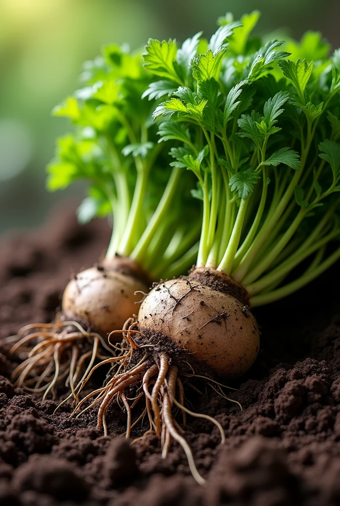 Coriander roots with soil