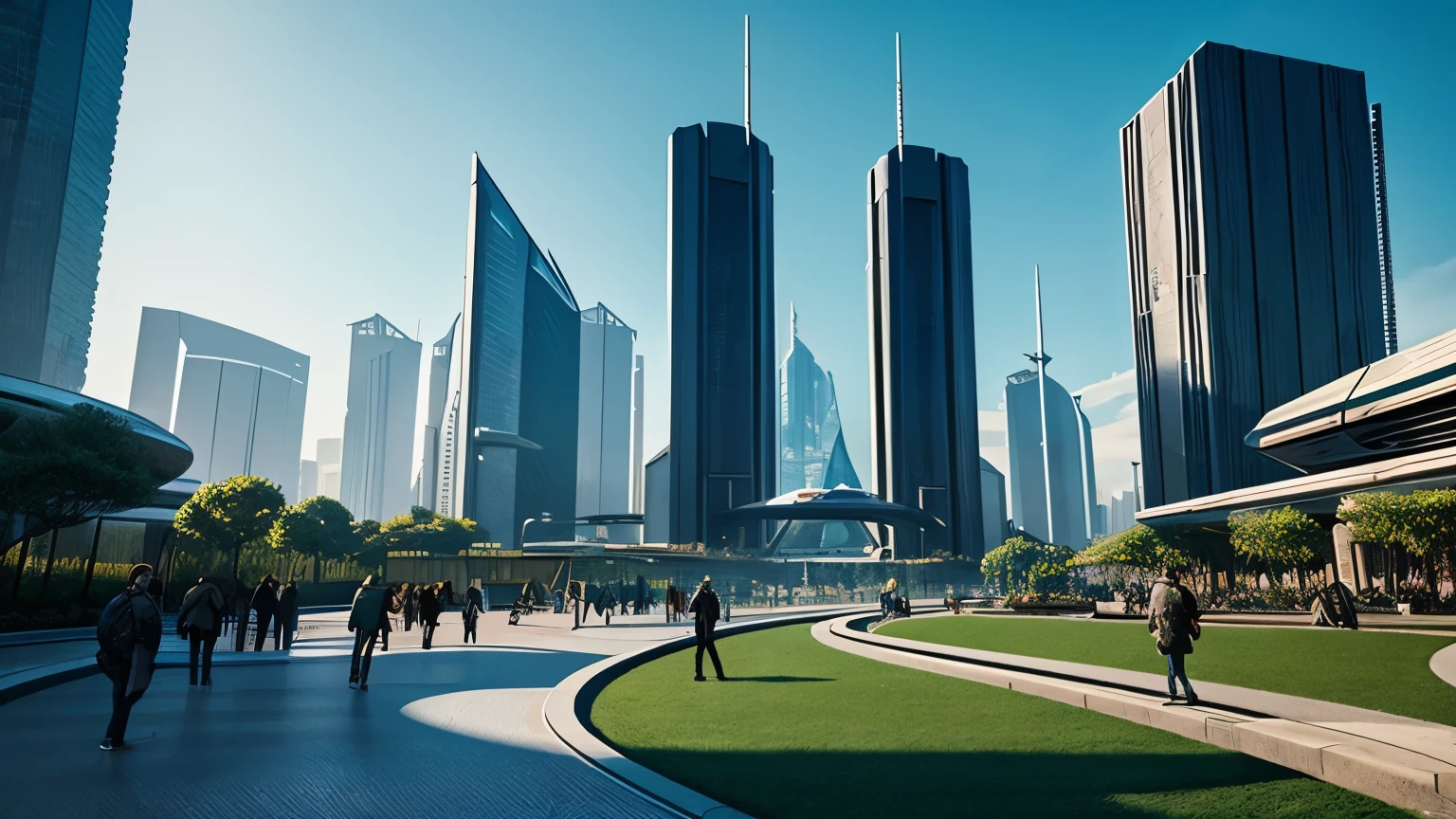 scifi, beautyful futuristic park, architectual, space design, cyberpunk, futuristic, hightech, hard-surface design, daylight, much tech, much electronic, very cozy, ambient light, realistic view, wide angle, year 2124