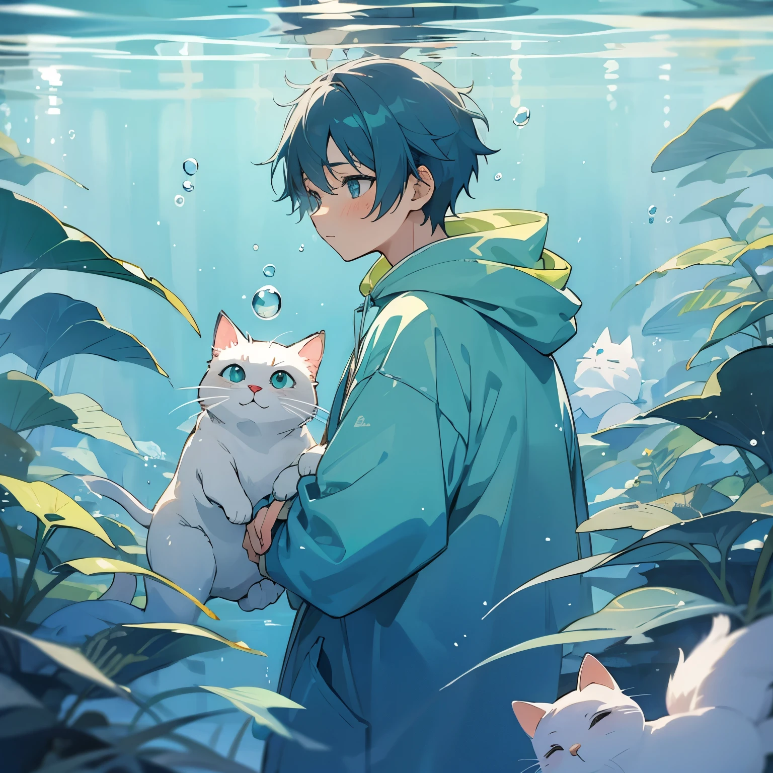 watercolor, youth man or boy, light blue, hoodie, cat, underwater, bubbles, cute, soothing, anime style