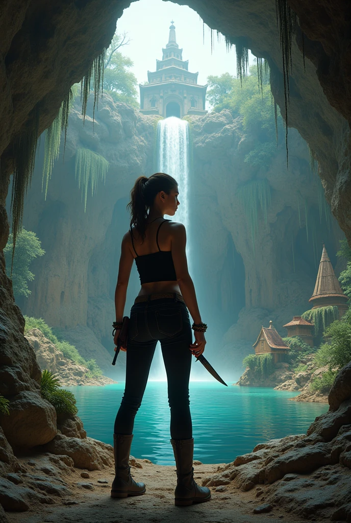 fiction, Arte futurista, Vista de cima para baixo de uma mulher sentada em uma rocha na margem cristalina do rio, muitas flores no ambiente, Arte intrincada, 8k