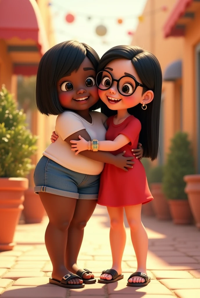 PIXAR STYLE 3D two friends hugging each other, one with dark skin, chubby body, short straight black hair, white blouse, and denim shorts, flip-flops; the other woman, with white skin, thin body, long black hair, prescription glasses, red dress, high black sandals, watch on her arm