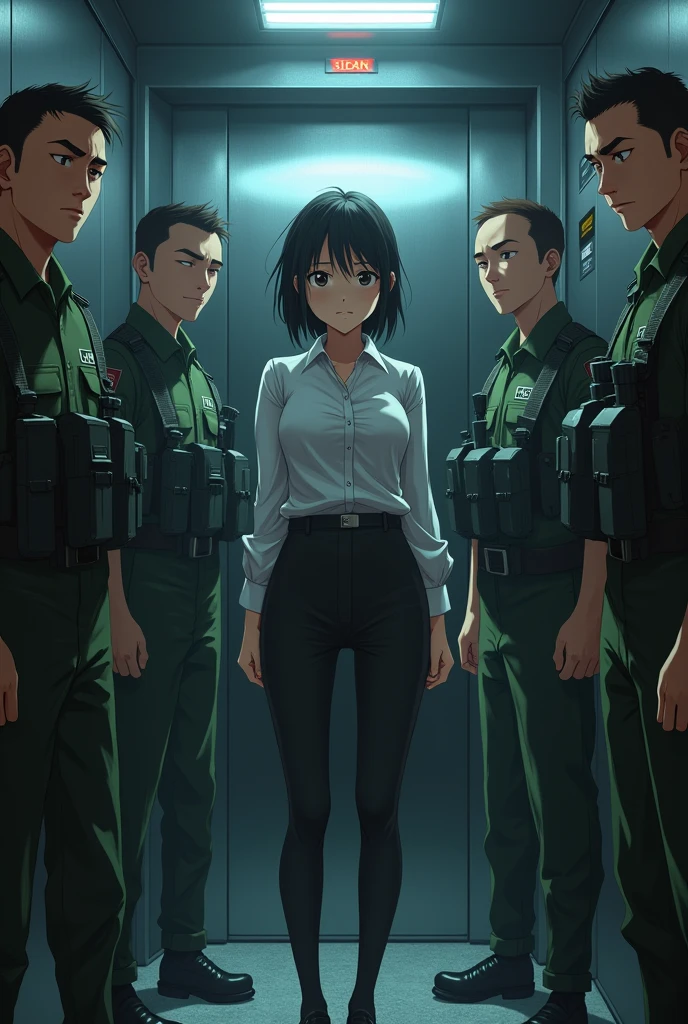 Anime office worker lady really stuck in elevator with anime soldier cod men

