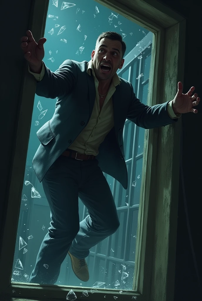 Hatherley jumping out of a house window , with glass fragments in the air, His clothes are torn and his hand is bleeding., but his expression shows desperation and determination. It's night