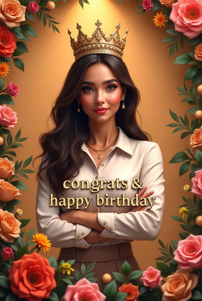 Birthday decoration written "CONGRATS & HAPPY BIRTHDAY JASMINE" with queen crown, flowers, female engineer