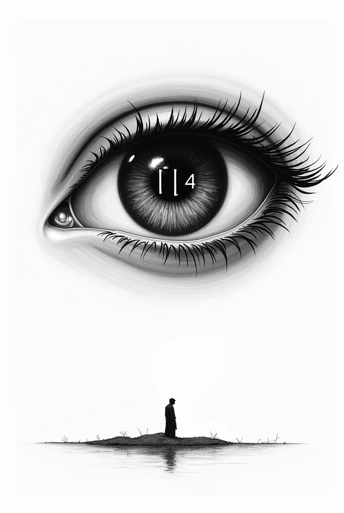 The black and white drawing of an eye and the pupil is formed by the number 3.14