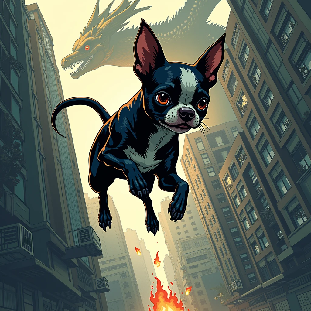 A black And fierce chihuahua with spots on its face in the form of a mask, jumping from one building to another, and is chased by a large dragon