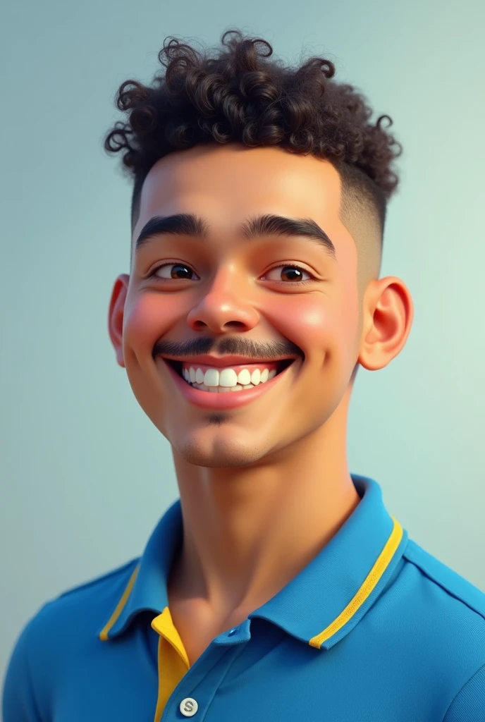 Young Adult Short Curly Shaved Hair Man Happy Face. thin moustache. Blue polo shirt with yellow collar. latino