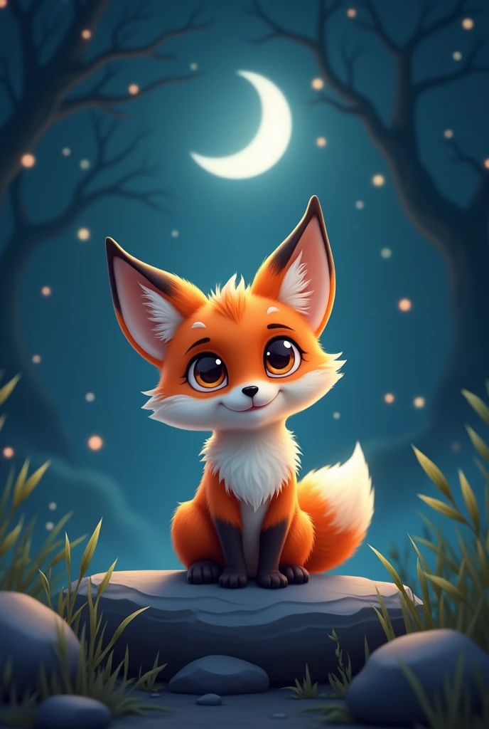 Cute Baby fox ,sitting on rock,black Background with moon,mystical spotlight,cartoon