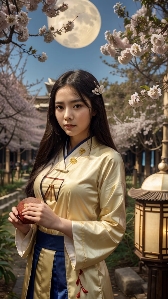A young woman in ancient Chinese clothing holds a fan. There are many bamboo trees, plum trees, and plum blossoms flying. Behind her is a large moon.