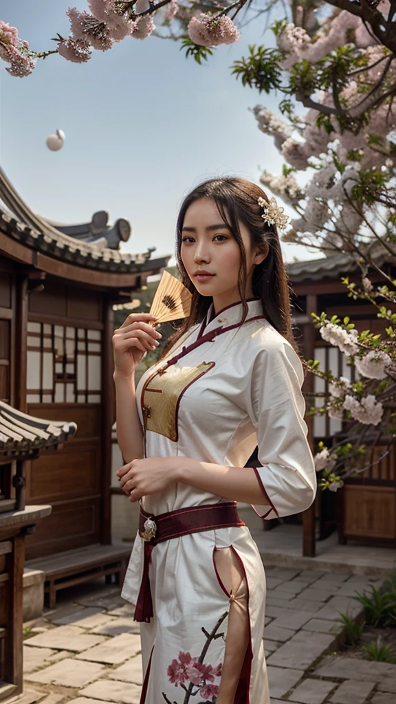 A young woman in ancient Chinese clothing holds a fan. There are many bamboo trees, plum trees, and plum blossoms flying. Behind her is a large moon.