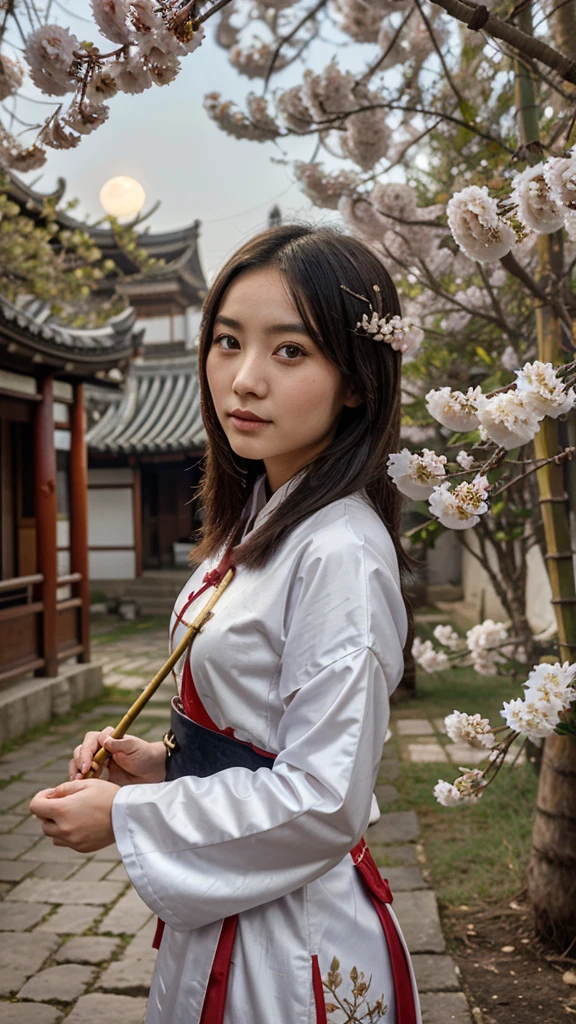 A young woman in ancient Chinese clothing holds a fan. There are many bamboo trees, plum trees, and plum blossoms flying. Behind her is a large moon.