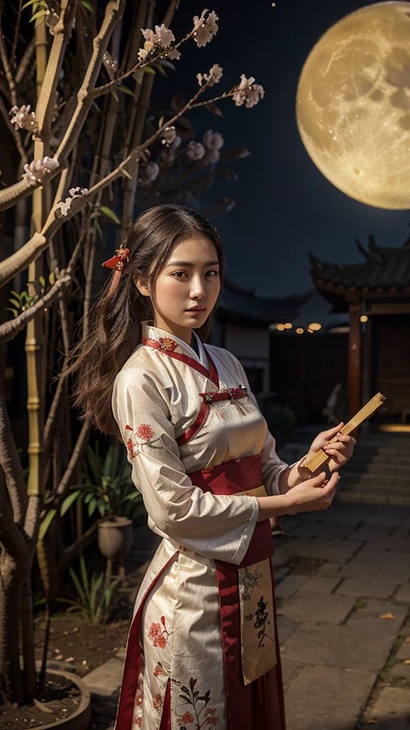 A young woman in ancient Chinese clothing holds a fan. There are many bamboo trees, plum trees, and plum blossoms flying. Behind her is a large moon.