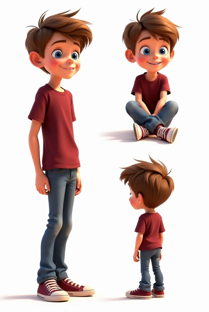 sitting on the floor, wide shot, front view, side view and back view white background Disney pixar 10-year-old boy Noah, with fair skin, short light brown hair. It has large, curious blue eyes. Wearing a simple maroon t-shirt, jeans and maroon all star sneakers, sitting on the floor, wide shot, front view, side view and back view white background Disney pixar style