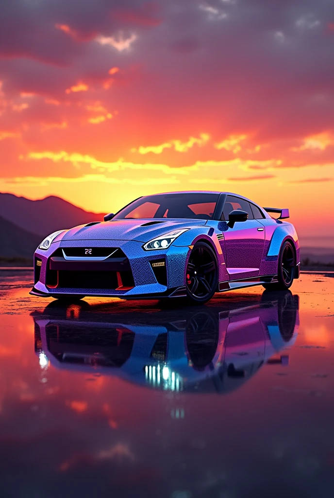 A Nisan GTR all neon colour in sun set