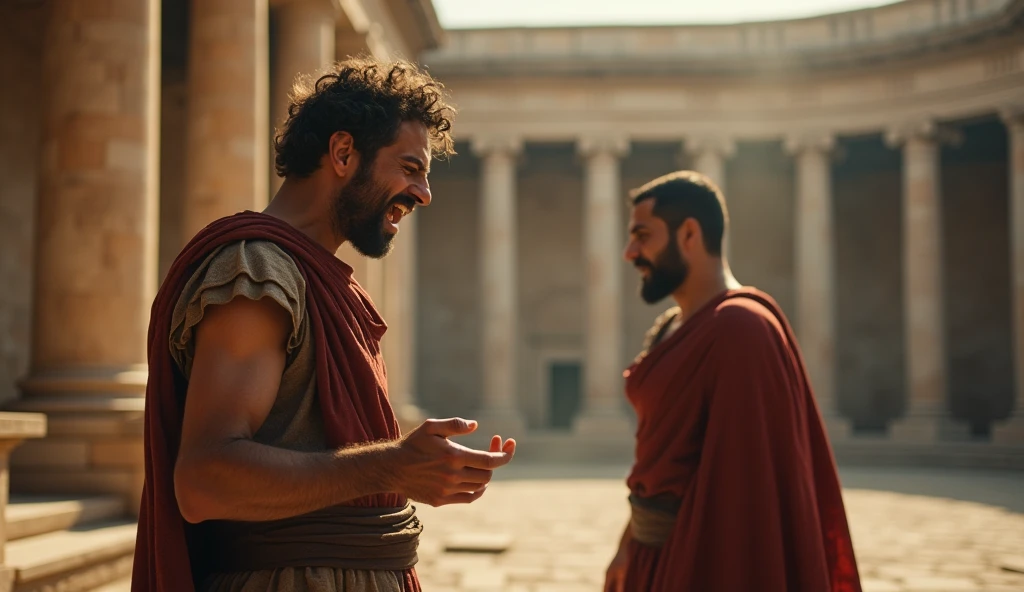 In a grand Roman forum, the scene shifts to capture a moment of intense emotional conflict between the two male stoic philosophers. One philosopher is shown with an expression of raw anger and betrayal, his face contorted in a mix of rage and disbelief. He is standing apart from the other, whose demeanor has become more distant and regretful. The camera captures a medium shot with the betrayed philosopher in the foreground, his tunics and leather sandals detailed, while the background features the majestic, yet now colder and more oppressive, Doric columns. The warm golden light has been replaced with more subdued, harsh lighting to mirror the emotional intensity. The shallow depth of field focuses on the contrasting emotions between the two characters, emphasizing the gravity of the betrayal and the strained atmosphere of the moment.