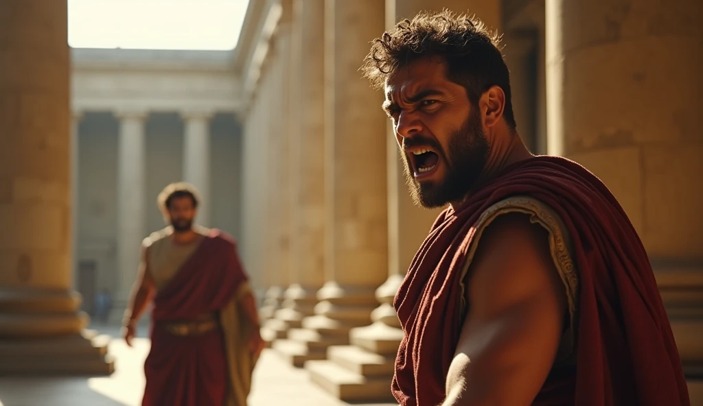 In a grand Roman forum, the scene shifts to capture a moment of intense emotional conflict between the two male stoic philosophers. One philosopher is shown with an expression of raw anger and betrayal, his face contorted in a mix of rage and disbelief. He is standing apart from the other, whose demeanor has become more distant and regretful. The camera captures a medium shot with the betrayed philosopher in the foreground, his tunics and leather sandals detailed, while the background features the majestic, yet now colder and more oppressive, Doric columns. The warm golden light has been replaced with more subdued, harsh lighting to mirror the emotional intensity. The shallow depth of field focuses on the contrasting emotions between the two characters, emphasizing the gravity of the betrayal and the strained atmosphere of the moment.