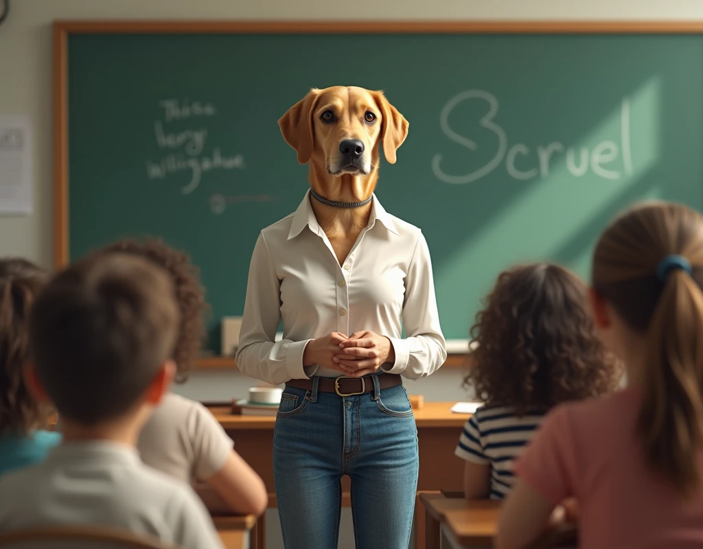 (raw photo, best quality) , (Realistic, photo-realistic: 1.4), extremely formidable overall plan, masterpiece, ultra-detailed, high resolution, best illustration, best shadow, complex, depth of field, beautiful female anthropomorphic labrador, she wears blue jeans, and a white blouse, she is in a classroom and she is teaching young children, Photorealist style 8k, DSLR, high quality, (film grain: 1.4), Fujifilm XT3,