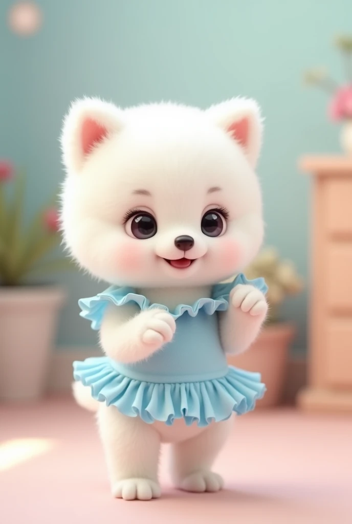 A small puppy dog standing on its hind legs,The cutest white puppy I know,The most adorable looking thing I've ever seen!!!,
Cute Background,He dances,
She is wearing a light blue, frilly outfit that looks like a cute idol uniform..