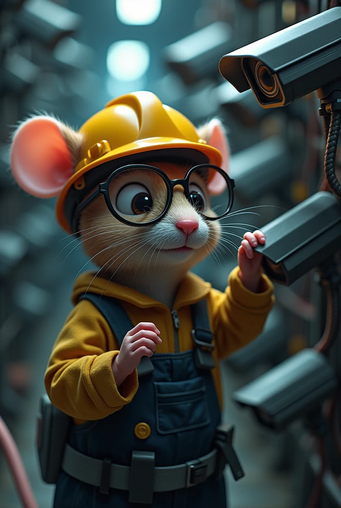 An electrical engineer mouse with glasses and a helmet does maintenance on security cameras
