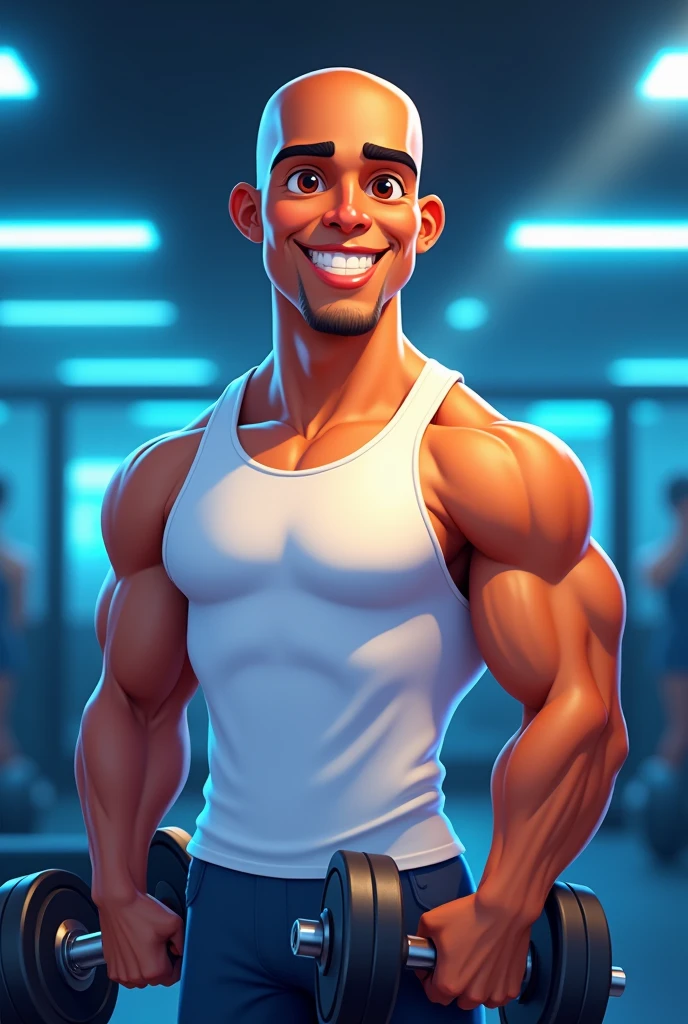 logo coach Lucio Pixar-style cartoon logo promoting logo Coach Lucio an 18-year-old bald brown skin color man smooth brown skin, and a bright, confident smile, wearing a crisp white tank top, holding dumbbells, gym background with subtle neon blue accents, evoking a sense of energy, strength, and motivation, arms and toned physique