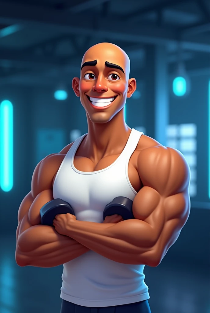 logo coach Lucio Pixar-style cartoon logo promoting logo Coach Lucio an 18-year-old bald brown skin color man smooth brown skin, and a bright, confident smile, wearing a crisp white tank top, holding dumbbells, gym background with subtle neon blue accents, evoking a sense of energy, strength, and motivation, arms and toned physique 
