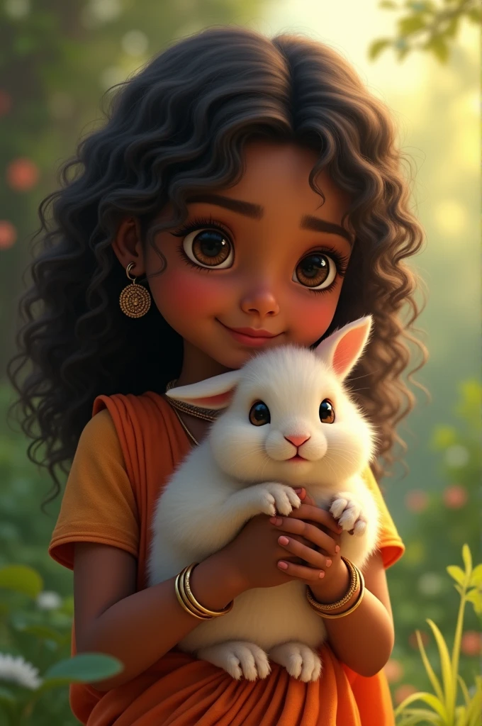 Indian girl curly hair holding rabbit