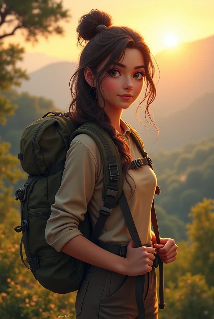 Maya determinedly preparing for an adventure in the evening light."
