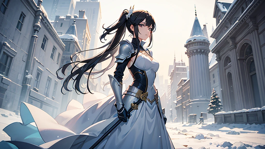 (masterpiece), best quality, expressive eyes, perfect face, A woman standing alone in a snowy field, wearing a short wedding dress and armor, in a proper shooting stance, anime style