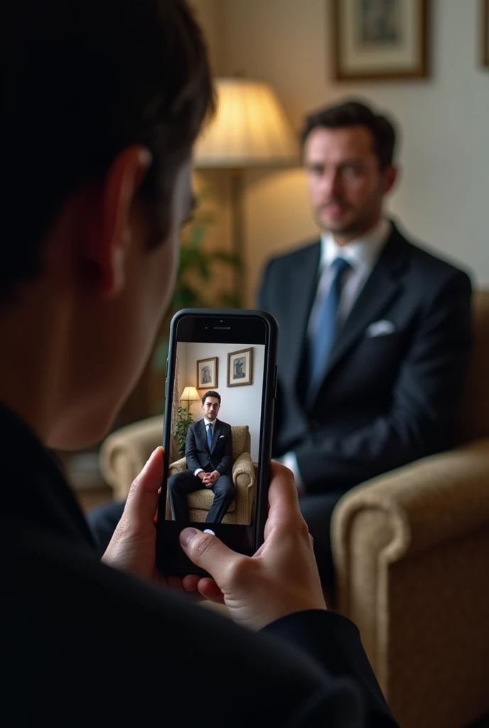 Person taking a photo with a cell phone of another person sitting on a sofa or full-body chair.
The person is facing the camera. The position of the person sitting in the chair must be rigid.