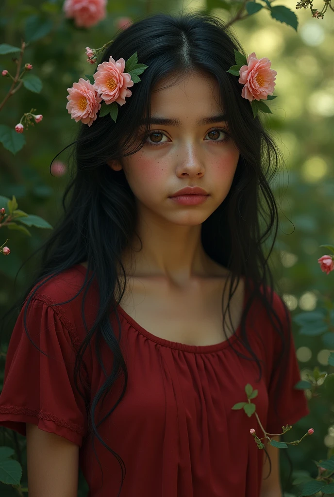 Sad Persian Latina girl, flowers her had, brown eyes,  , in garden closed dress
this photo red dresses 