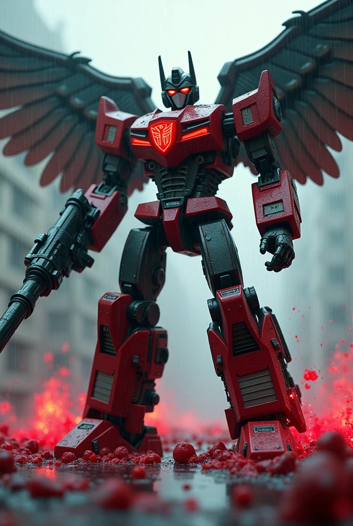 Create a 3D animated robot transformers with Nazi symbology, Neo-Nazis and Nazism with epic fighting poses and add to the scene poses of artistic sculptures stepping on their enemies soaked in red fluid, the atmosphere is cold, It's raining and it's dark, There are background gunshots and robots fighting, the protagonist has wings, a big sword and a big futuristic gun. Adolf Hitler in front pointing with euphoria