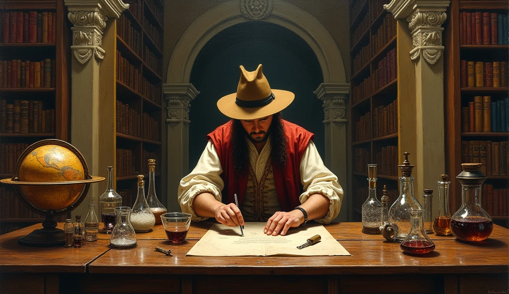 a painting of a person doing chemistry in a Renaissance style