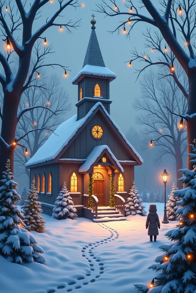 Create a serene winter landscape with gently falling snowflakes blanketing the ground. In the center of the scene, depict a charming, old-fashioned church adorned with festive Christmas decorations. The church should have glowing windows, a warmly lit interior visible through the glass, and wreaths and garlands decorating its façade. Surround the church with snow-covered trees and twinkling Christmas lights, creating a cozy and magical holiday atmosphere. Add subtle details like footprints in the snow and a few people bundled up in winter attire to bring the scene to life