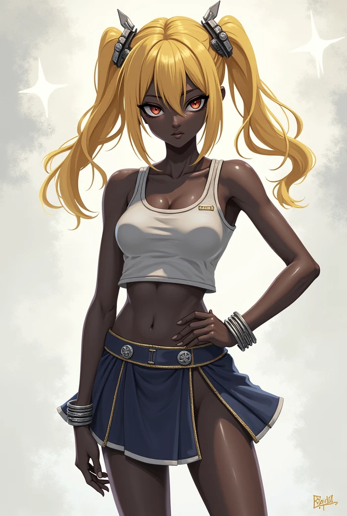 A girl with dark skin like anime, with a silver top, and bracelets on silver hands, with a silver skirt that covers her right leg but the left leg is very short up to the thigh, Her hair is straight, waist-length and is light yellow in color., Her hair is loose but she has two pigtails in the back., and has silver accessories on his head