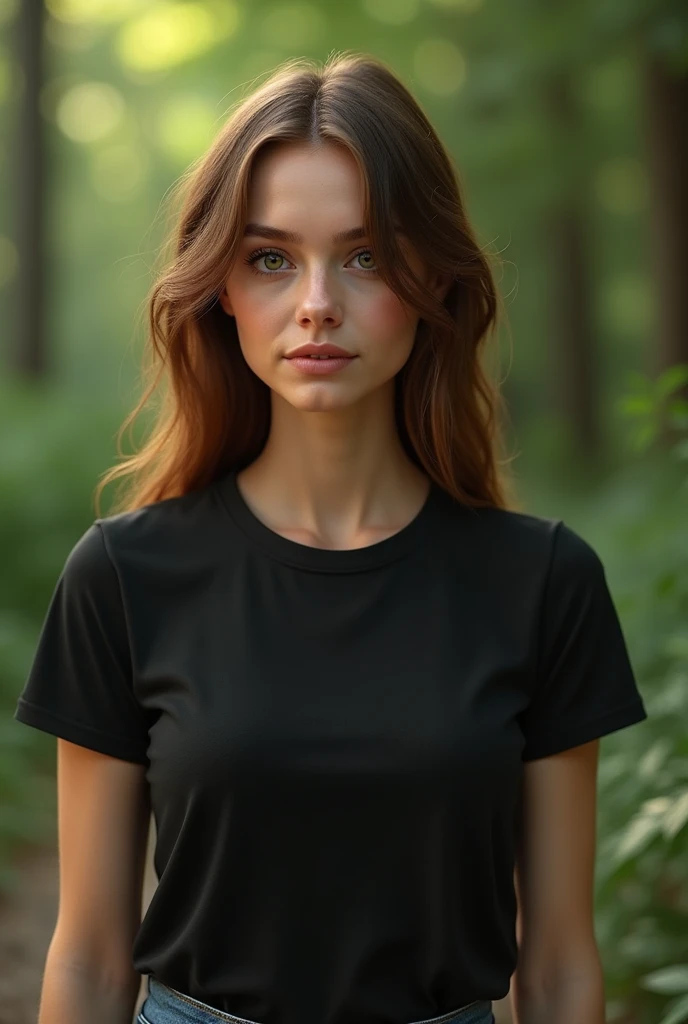 32 year old woman with light brown hair, White skin, green eyes, full frame in the forest, in a black tight T-shirt, denim pants, beautiful detailed eyes, beautiful detailed lips, extremely detailed eyes and face, long eyelashes, high quality, 8 thousand., hyperrealistic, photorealistic, physically based rendering, bright colors, studio lighting, complex parts