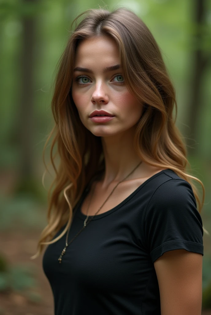 32 year old woman with light brown hair, White skin, green eyes, full frame in the forest, in a black tight T-shirt, denim pants, beautiful detailed eyes, beautiful detailed lips, extremely detailed eyes and face, long eyelashes, high quality, 8 thousand., hyperrealistic, photorealistic, physically based rendering, bright colors, studio lighting, complex parts