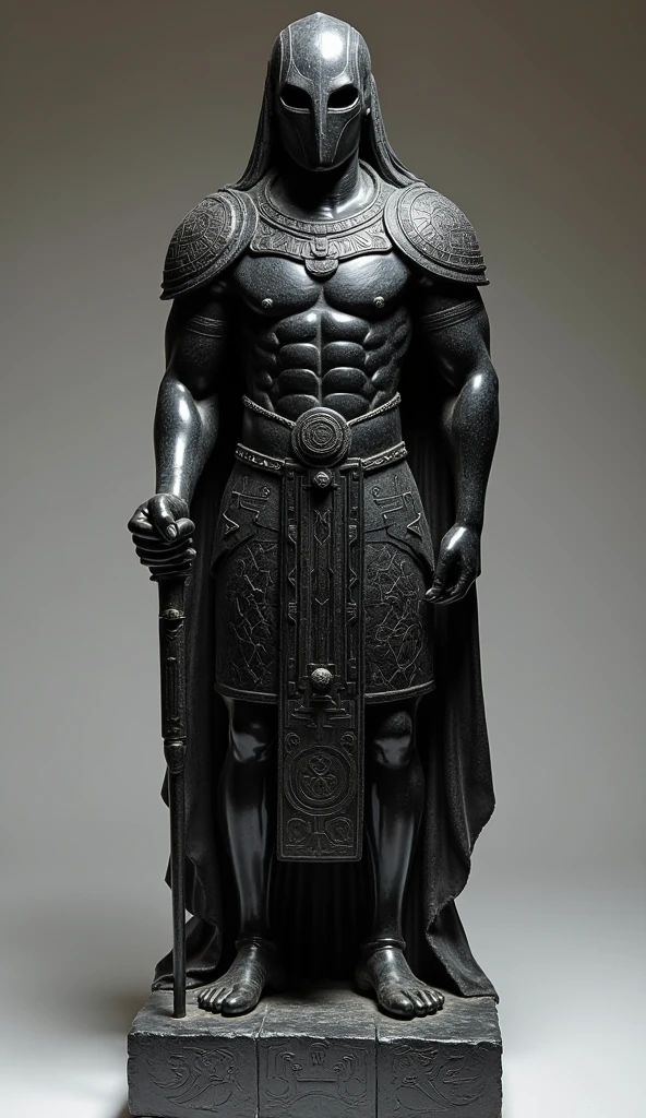 Create a detailed description of an ancient black marble sculpture discovered in the ruins of Azura. The sculpture is of a powerful ruler with the following characteristics:
- Approximately 2 meters tall
- Carved from a single block of rare, jet-black marble with a lustrous finish
- Upper torso adorned with intricate armor featuring flowing lines and geometric patterns
- Broad shoulders and a commanding posture
- Unusually elongated head with multiple eye-like indentations arranged in a circular pattern
- Holding a staff or scepter in one hand
- Base carved with symbols similar to those on the city's central obsidian monolith
The sculpture should exude an aura of authority and martial prowess, representing a formidable and enigmatic warrior-ruler of the ancient Azuran civilization.