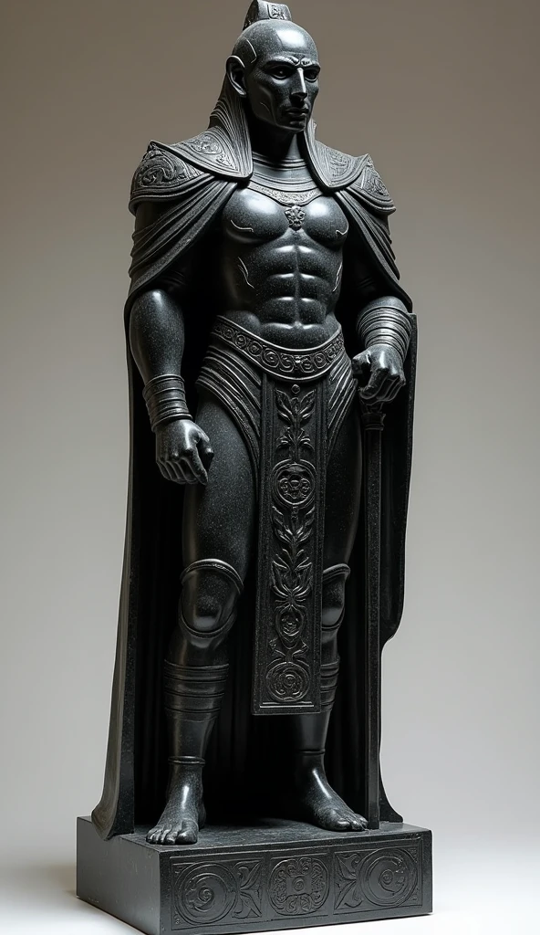 Create a detailed description of an ancient black marble sculpture discovered in the ruins of Azura. The sculpture is of a powerful ruler with the following characteristics:
- Approximately 2 meters tall
- Carved from a single block of rare, jet-black marble with a lustrous finish
- Upper torso adorned with intricate armor featuring flowing lines and geometric patterns
- Broad shoulders and a commanding posture
- Unusually elongated head with multiple eye-like indentations arranged in a circular pattern
- Holding a staff or scepter in one hand
- Base carved with symbols similar to those on the city's central obsidian monolith
The sculpture should exude an aura of authority and martial prowess, representing a formidable and enigmatic warrior-ruler of the ancient Azuran civilization.