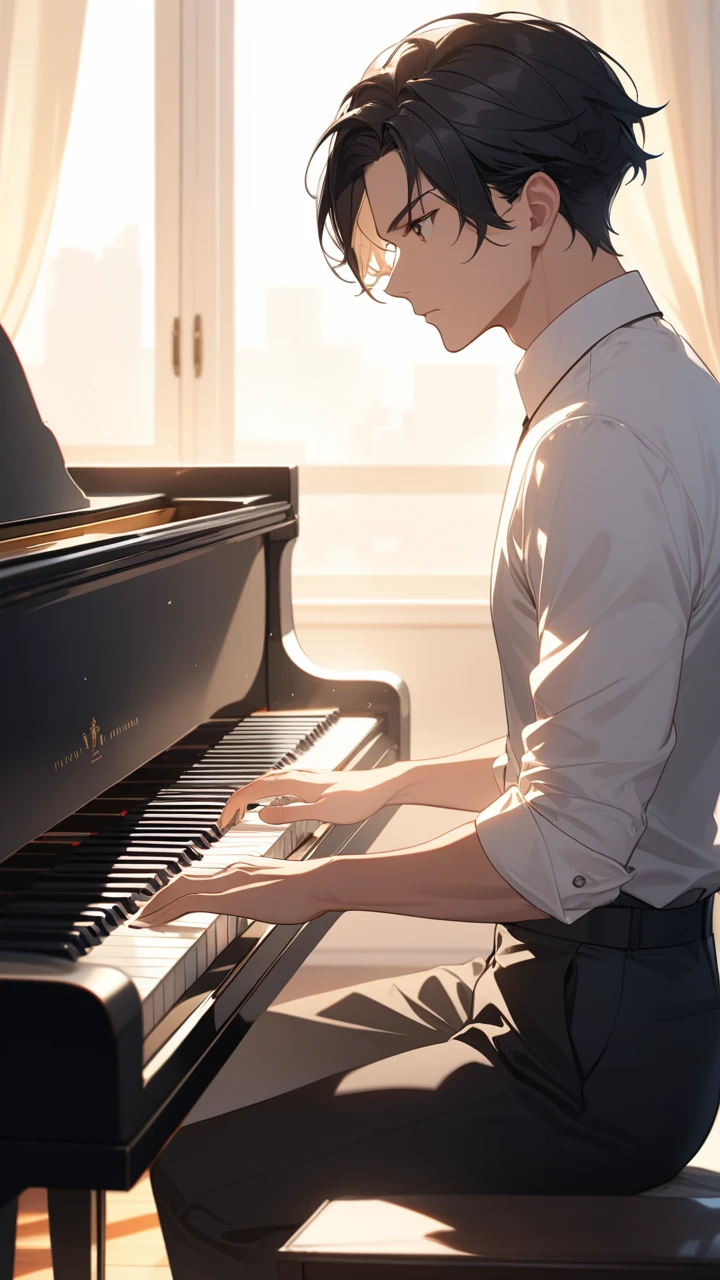 High quality image; man playing the piano in a room lit by the sun from the window; short, tidy black hair, white dress clothes with rolled-up sleeves; black dress pants. Serious expression.