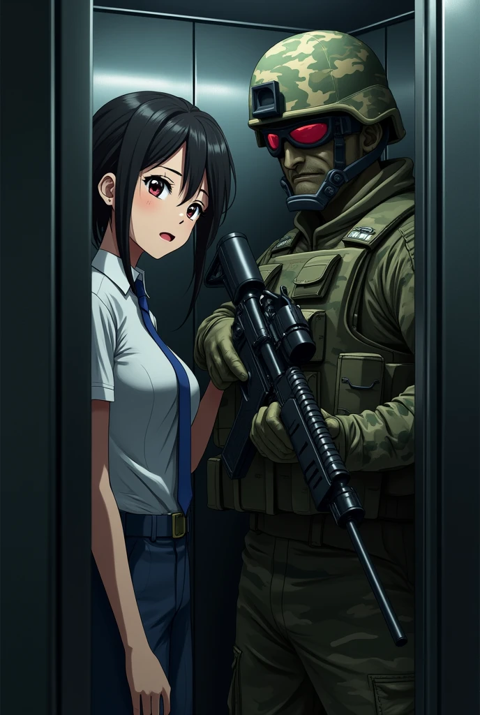 Anime office worker lady really stuck in elevator with anime fully covered soldier cod men